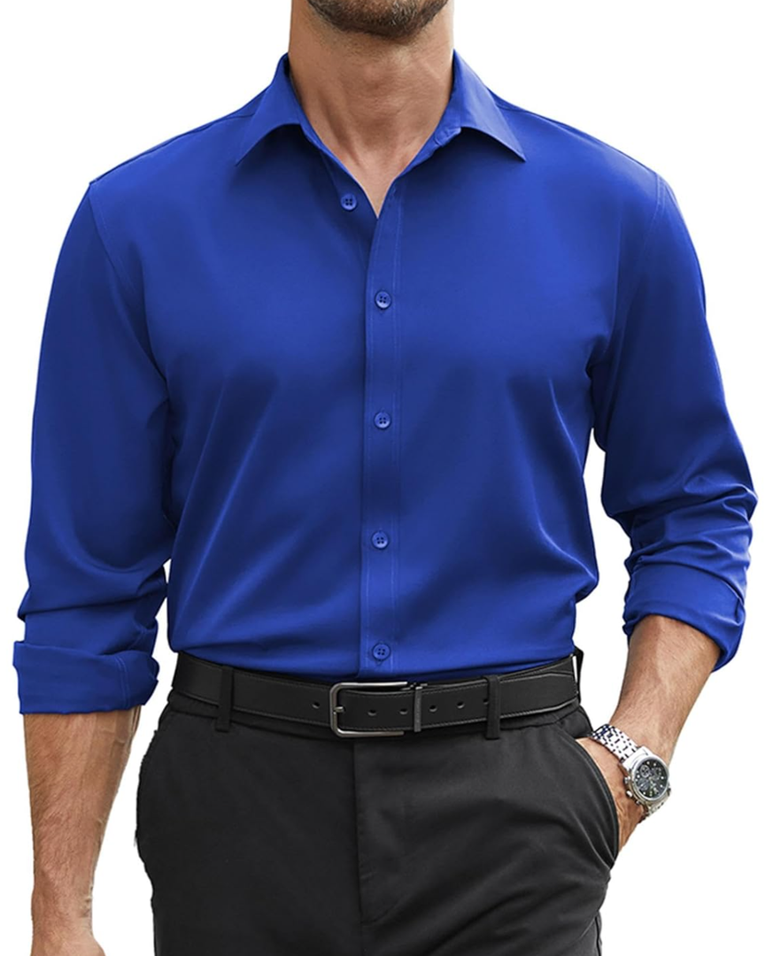 COOFANDY Mens Stretch Dress Shirts Long Sleeve Button Down Shirt Regular Fit Formal Business Shirts Small, Blue