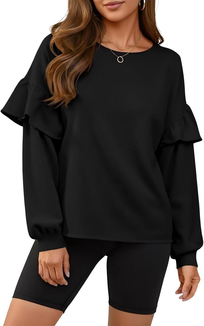 Fisoew Womens Crewneck Sweatshirts Fall Casual Ruffle Long Sleeve Roll Hem Loose Cropped Pullover Tops (XX-Large, Black)