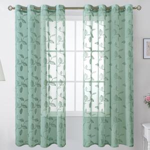 BGment Dark Green Sheer Curtains 72 Inches Long - Embroidered Leaf Pattern Light Filtering Cottage Core Botanical Semi Sheer Grommet Window Drapes for Farmhouse Living Room, 2 Panels, 52 x 72 Inch