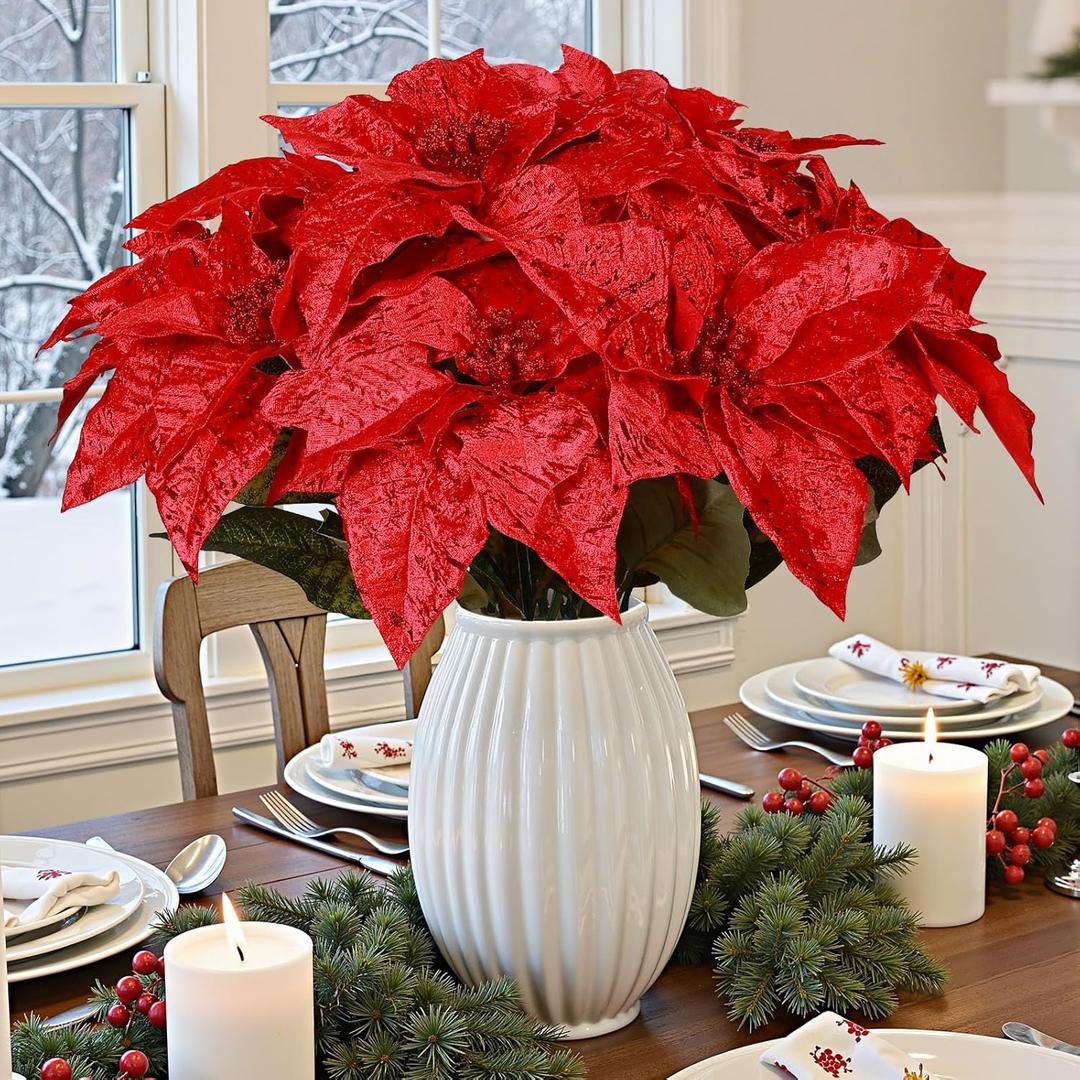 Alupssuc 8 PCS 17in Poinsettia Flowers Artificial, Large Glitter Christmas Flowers, Indoor & Outdoor Faux Poinsettia Bouquet Christmas Decorations for Xmas Tree Vase Table Porch Garden Decor, Red