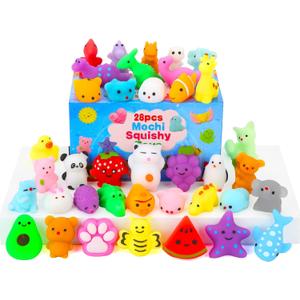 Squishy Toys, 28 Pack Kawaii Squishies and Cards, Gifts for Easter Egg Fillers Basket Stuffers, Party Favors for Kids 4-8 8-12, Treasure Box Classroom Prizes Mochi Squishy Cat Fidget Toys