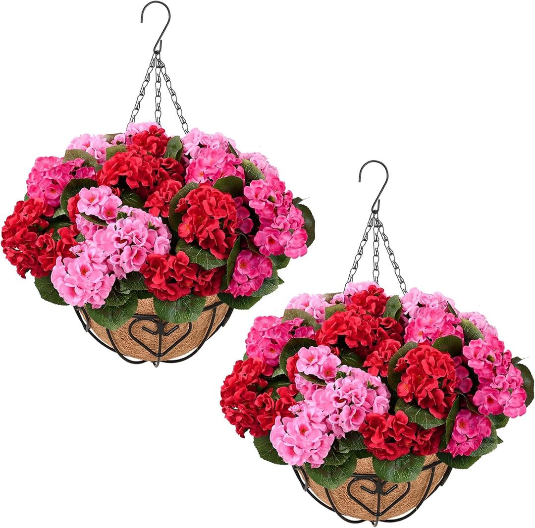Waipfaru 2 Set Artificial Geraniums for Outdoors with Hanging Baskets, 12 Bundles UV Resistant Artificial Outdoor Plants, Fake Flowers for Spring Front Porch Home Patio Balcony Yard Decor, Mixing (Mixed)