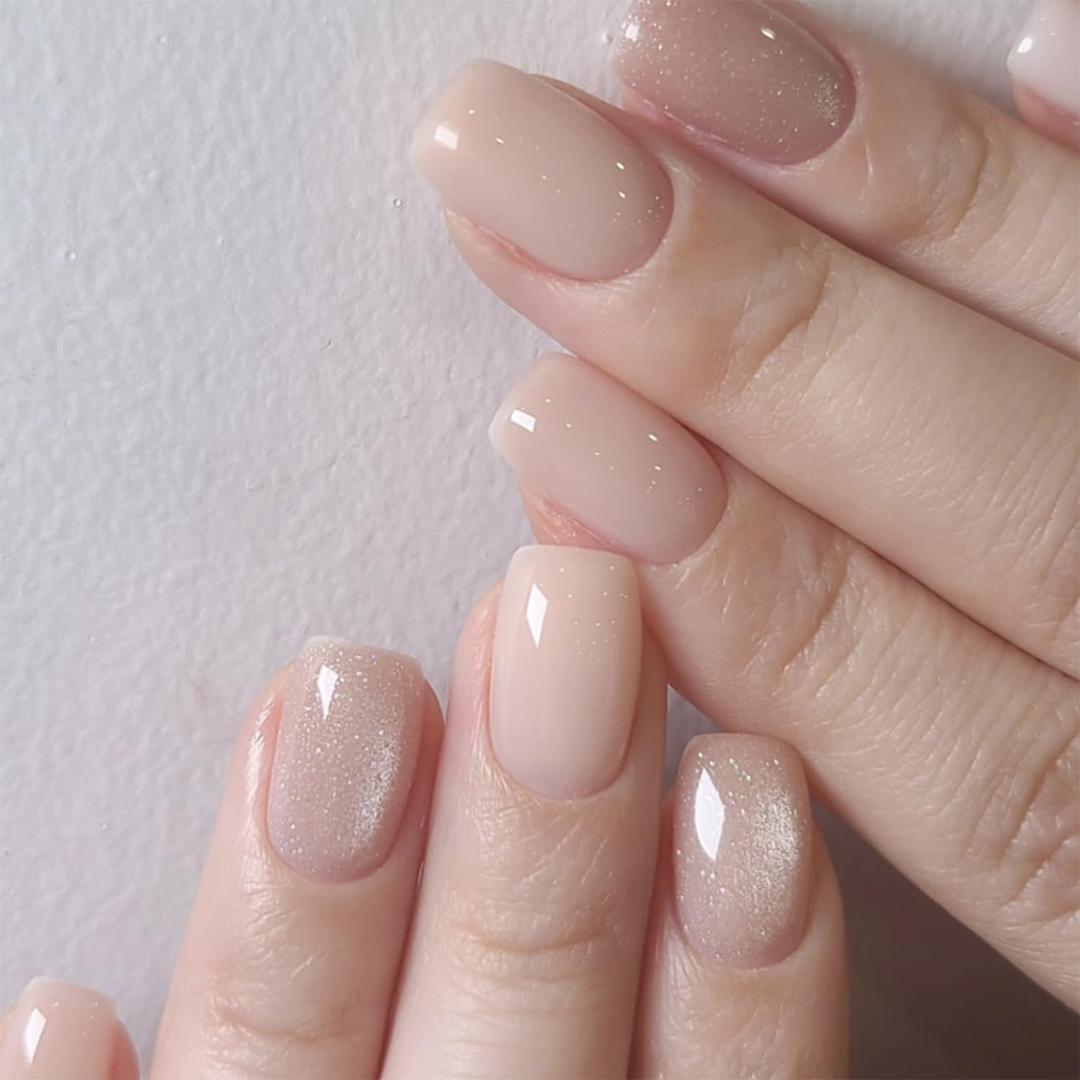 Nude Pink Press On Nails Short Square Glossy French Tip, Reusable Natural Looking Fake Nails with Glitter Accent, Soft Gel Full Cover Stick On Nails for Women Everyday Wear Wedding Office, 24PCS
