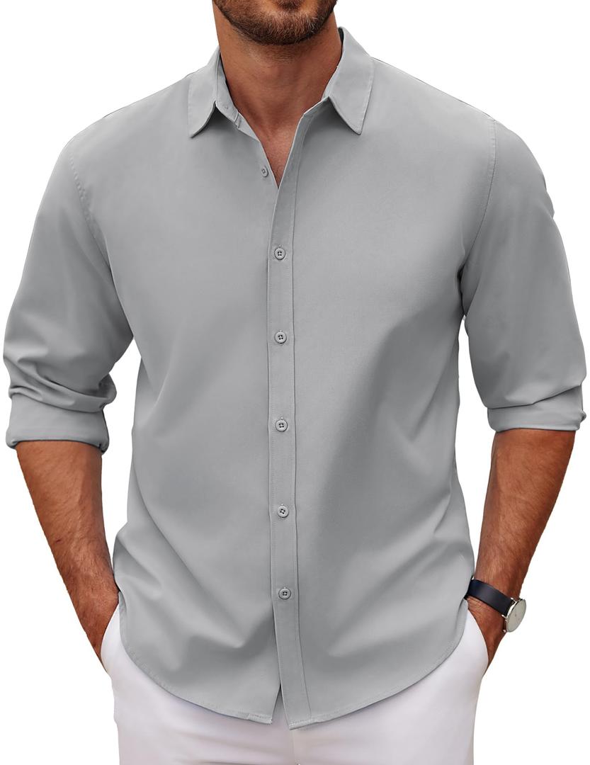 COOFANDY Men's Long Sleeve Button Down Shirt Casual Untucked Dress Shirts Suumer Wedding Shirt Light Gray 4XL