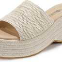 IDIFU IN3 Platform Espadrille Wedge Sandals for Women Square Open Toe Slip On Wedge Shoes Dressy Low Chunky Heeled Sandal Comfortable Casual Trendy Summer Beach Walking Vacation Slide Women Sandals (8.5, Apricot)