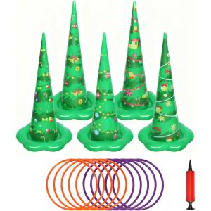 5 Pack Inflatable Christmas Tree Ring Toss Game with Pump, Holiday Party Games for Kids and Adults, Indoor Outdoor Christmas Decorations, Family Garden Toys