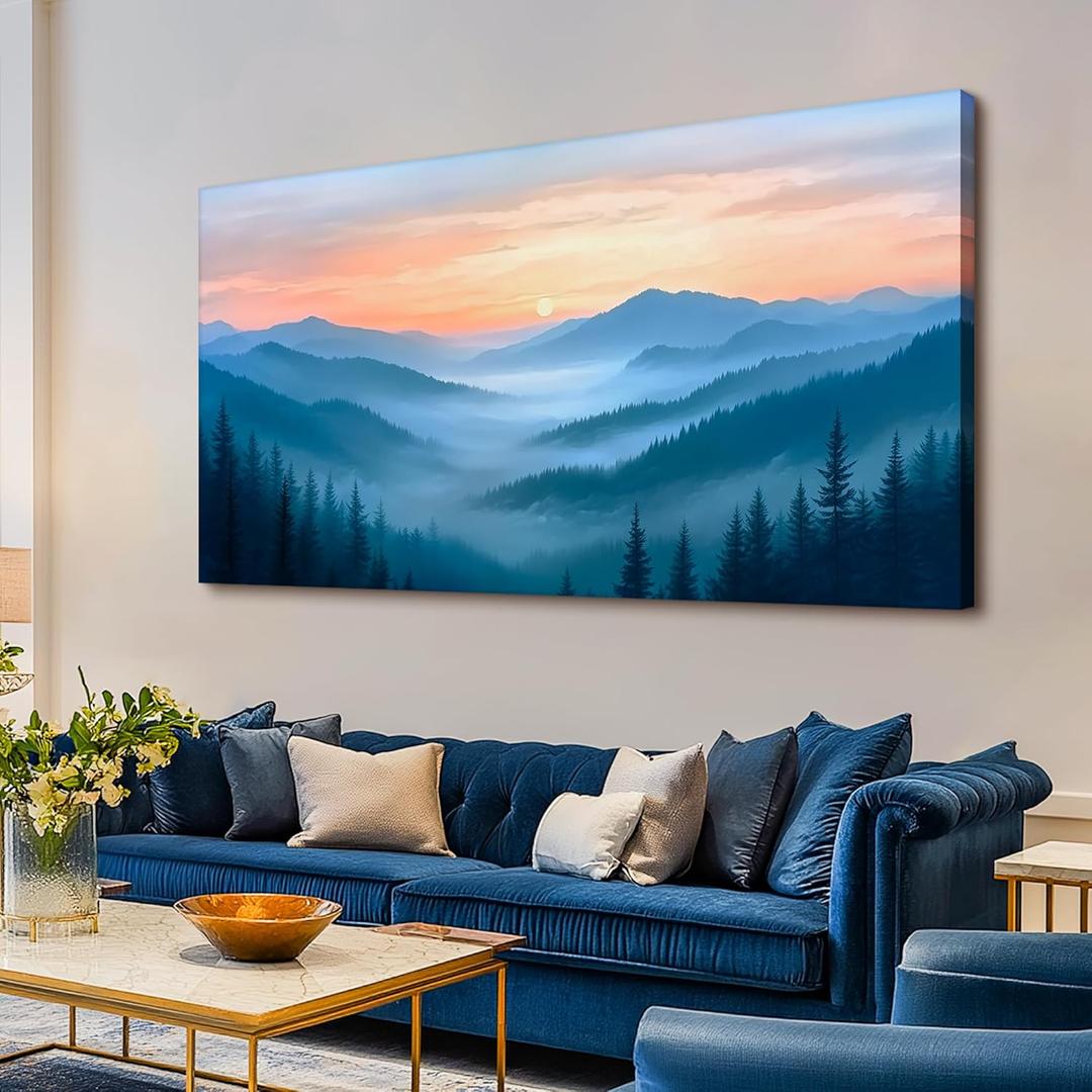 selatala Sunset Misty Forest Large Wall Art 20"X40", Blue Nature Mountain Landscape Canvas Prints, Modern Office Bedroom Bathroom Pictures Living Room Kitchen Home Wall Decor Aesthetic Artwork