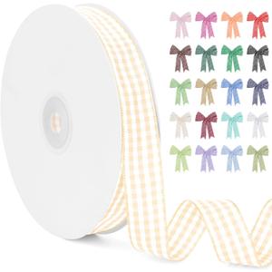 Beige Gingham Ribbon 5/8 Inch x 50 Yard Vintage Checkered Tartan Plaid Ribbon Polyester Cloth Fabric Woven Edge, Party Supplies for Presents Wrapping Bows DIY Craft Wedding Decoration