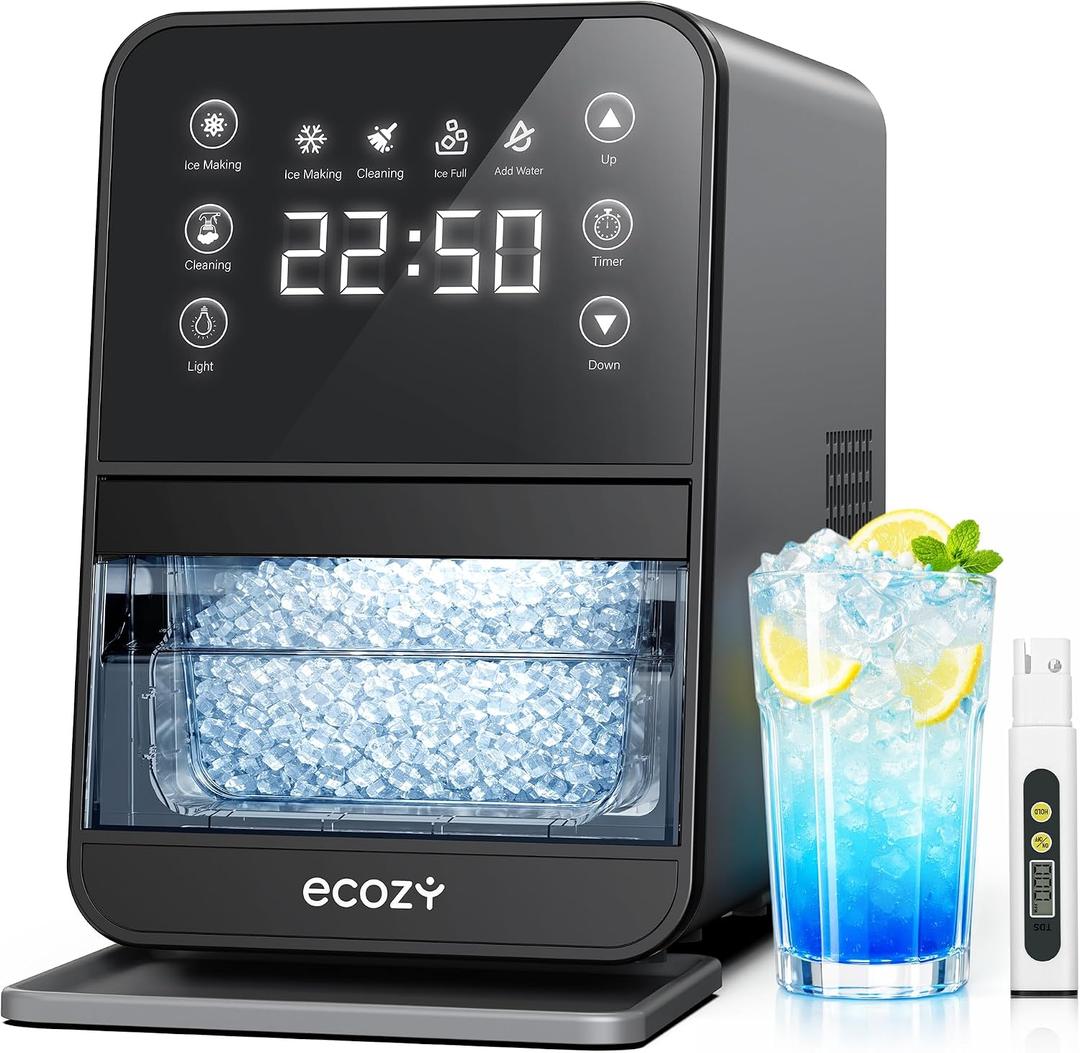 ecozy Nugget Ice Maker Countertop, 40Lbs/24H Chewable Pebble Ice, One-Touch Timer Control, Self-Cleaning Sonic Ice Machine with TDS Water Tester, Pull-Out Ice Basket, Compact for Home Kitchen Office