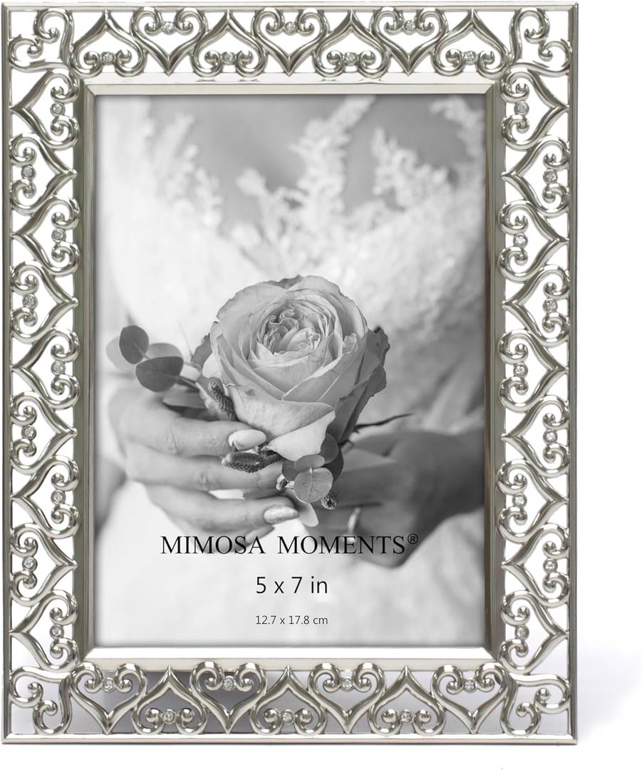 MIMOSA MOMENTS 5x7 Silver Heart Metal Picture Frame with Rhinestones, Decorative Photo Frame for Wedding, Anniversary, Birthday Gifts, Tabletop Display