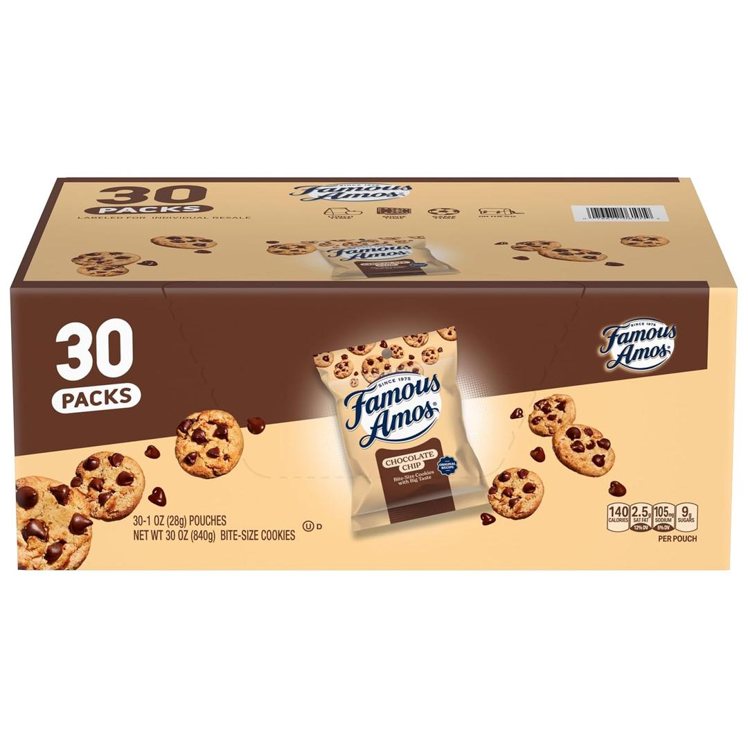 Famous Amos Original Recipe Chocolate Chip Bite-Size Cookies, 30 Pack Box, 30 oz (Medium), Best By: 03/16/26