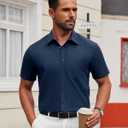 Alimens & Gentle Mens Short Sleeve Dress Shirt Wrinkle Free Solid Casual Button Down Shirts for Summer Business Wedding (Blue, XL)