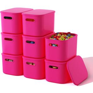 ORGIDOL 8 Pack Pink Storage Bins with Lids Stackable Storage Container for Organizing, Storage Boxes with Handle for Shelves, Cute Storage Bin for Craft, Snacks, 9.85x6.9x5.7 inch