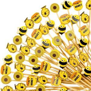 Zubebe Summer Bees Cocktail Picks Sunflower Bamboo Toothpicks Cocktail Toothpicks for Cupcake Fruit Appetizers Drinks Baby Shower Party Decorations(100 Pcs)