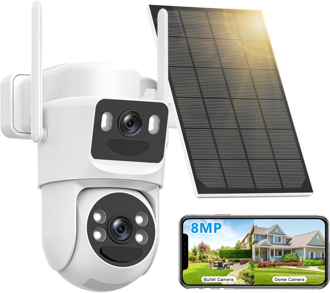 4K Solar Security Cameras Wireless Outdoor Battery Powered, 5GHz & 2.4GHz Dual Lens Bullet & 360PTZ Linkage Outdoor Security Camera with Solar Panel (White)