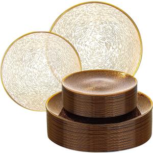 Liacere 60Pcs Brown Plastic Plates - Brown Disposable Plates With Gold Rim, Heavy-duty Amber Plates,Water ripples Party Plates Include 30 Dessert-Platos,30 Dinner-Platos for Party & Wedding