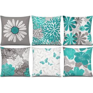 Teal Grey Pillow Covers 18x18 Set of 6 Decorative Daisy Flower Throw Pillow Cover for Couch Modern Turquoise Pillow Case for Patio Living Room Cushion Bed Farmhouse Home Decor