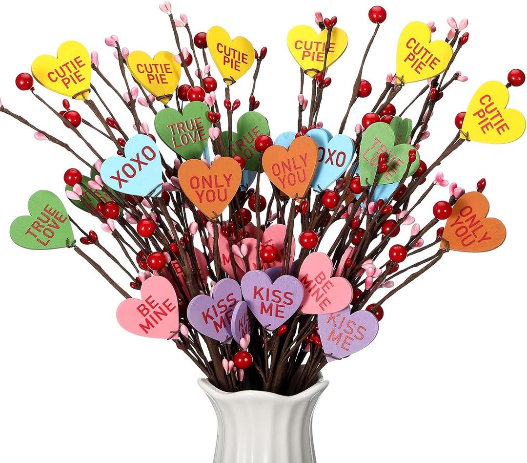 6 Pcs Conversation Heart Candy Picks Decorations Valentines Day Gifts Candy Heart Berry for Tree Vase Artificial Valentines Fake Flowers Wedding Anniversary Home Office Desk Table Decor