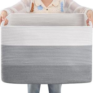 OIAHOMY 108L Large Cotton Rope Basket, Rectangle Woven Baskets for Storage, Nursery Blanket Storage Living Room, Toy Basket With Handle-25”x16”x16”-Gradient Grey