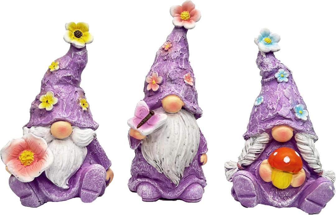 Gnome Decoration Figurine Outdoor Statue Resin 3pcs Flowers Spring Gnomes, Home Decoration Ornaments for Desktop Bookshelves Courtyard Garden Gift (Purple) Gnome Decoration Figurine Outdoor Statue Resin 3pcs Flowers Spring Gnomes, Home Decoration Ornaments for Desktop Bookshelves Courtyard Garden Gift (Purple)