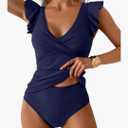 Tankini Swimsuit for Women Tummy Control Two Piece Bathing Suit Ruched Ruffle Swimwear Top with Bottom Dark Blue Medium
