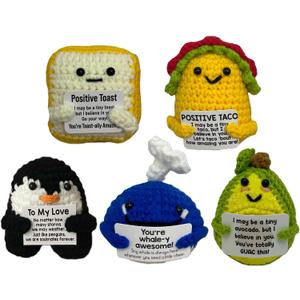 Positive Energy Crochet Set, Handmade with Uplifting Quotes, Unique Encouragement Gift for Christmas, Birthday, Stress Relief, Cute Desk Decor for Family, Friends, Kids (animals foods 5pcs)