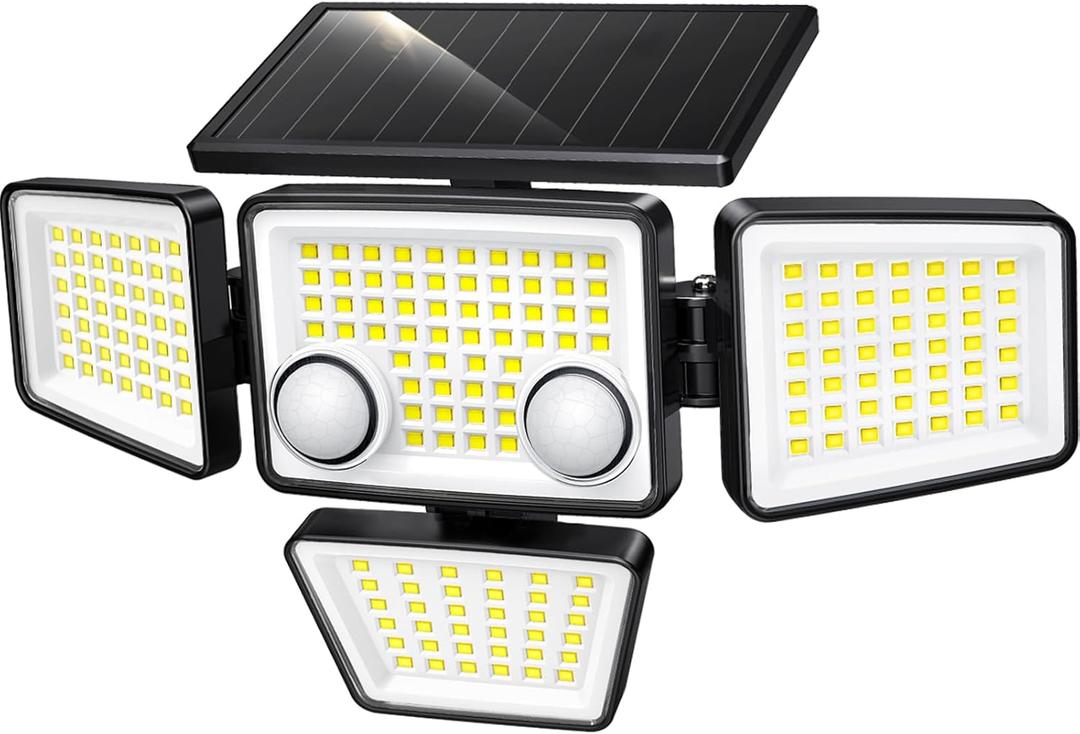 Solar Outdoor Lights - 3000LM 188 LED Motion Sensor Outdoor Lights, 4 Heads IP65 Waterproof Powered Security Flood Lights, 270Wide Lighting Angle Wall Light with Sensors for Backyard Yard