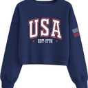 USA Sweatshirt Women Cropped 4th of July Pullover American Flag Crewneck Sweatshirts Patriotic Ribbed Hem Crop Tops, Small