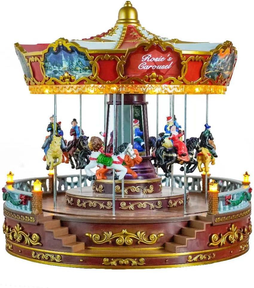 Christmas Carousel Decoration, 14inch large size, Carousel Go Round with Music and Lights, Realistic Scene, Add Christmas Atmosphere, Perfect Holiday Giftred