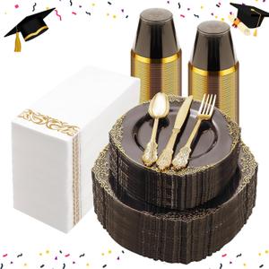 Bestluck 350PCS Clear Black Plastic Plates for 50 Guests, Disposable Plates with Gold Trim include 50 Dinner and Dessert Plates, 150 Gold Silverware, 50 Cups, 50 Napkins for Party & Graduation