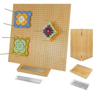 15.5" x 15.5"Foldable Crochet Blocking Board with Pins,Granny Square Blocking Board,Blocking Mats for Knitting with 35 5.9"Stainless Steel Rod Pins,Bamboo Crocheting Accessories Gifts for Crocheters