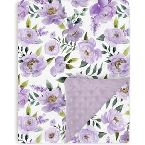 Baby Blankets for Girls 30" x 40" Shower Gift, Soft Double Layer Minky Blanket with Dotted Fleece Back, Nursery Bed Receiving Quilt for Newborn Infant Toddler Purple Peony Floral Theme