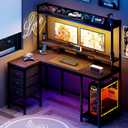 54" Computer Desk with Shelves and Drawers, Gaming Desks with Hutch | 3 Fabric Drawers, PC shelf, Small Study Desk with LED Lights and Power Outlets, Reversible Design, Black