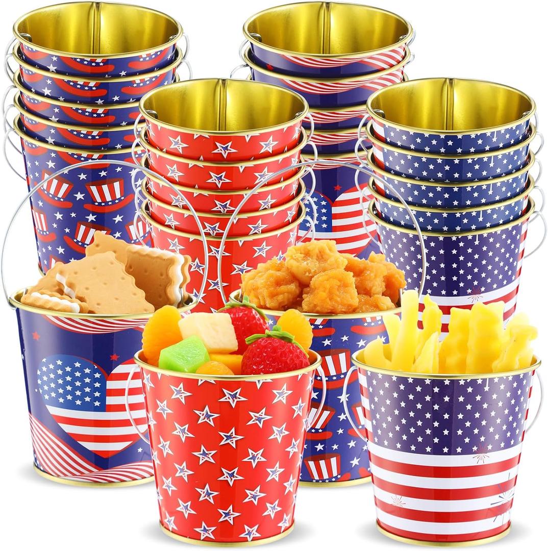 24 Pcs Labor Day Metal Bucket Bulk with Handle Tin Patriotic Pails Red White and Blue Buckets Gift Candy Snack Container for Labor Day Party Supplies 3.3'' W x 3.2'' H