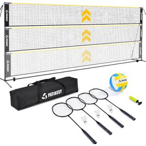 Volleyball Badminton Pickleball 3-in-1 Combo Net Set for Backyards, 5.1-7.4ft Adjustable Height Freestanding Indoor Sports Nets, Portable 17ft Outdoor Net with Carry Bag, Rackets and Balls