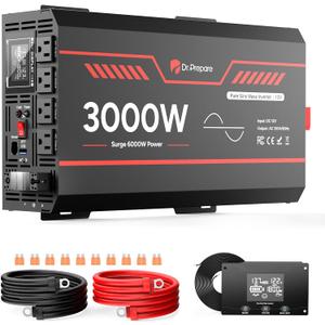 DR.PREPARE 3000W Pure Sine Wave Inverter 12V DC to 110V AC Converter, w/ 6000W Peak, GFCI Protection, 4X AC Sockets, Hardwire Port, Remote, Solar Power Inverters for Vehicles, RVs, Home, Off Grid