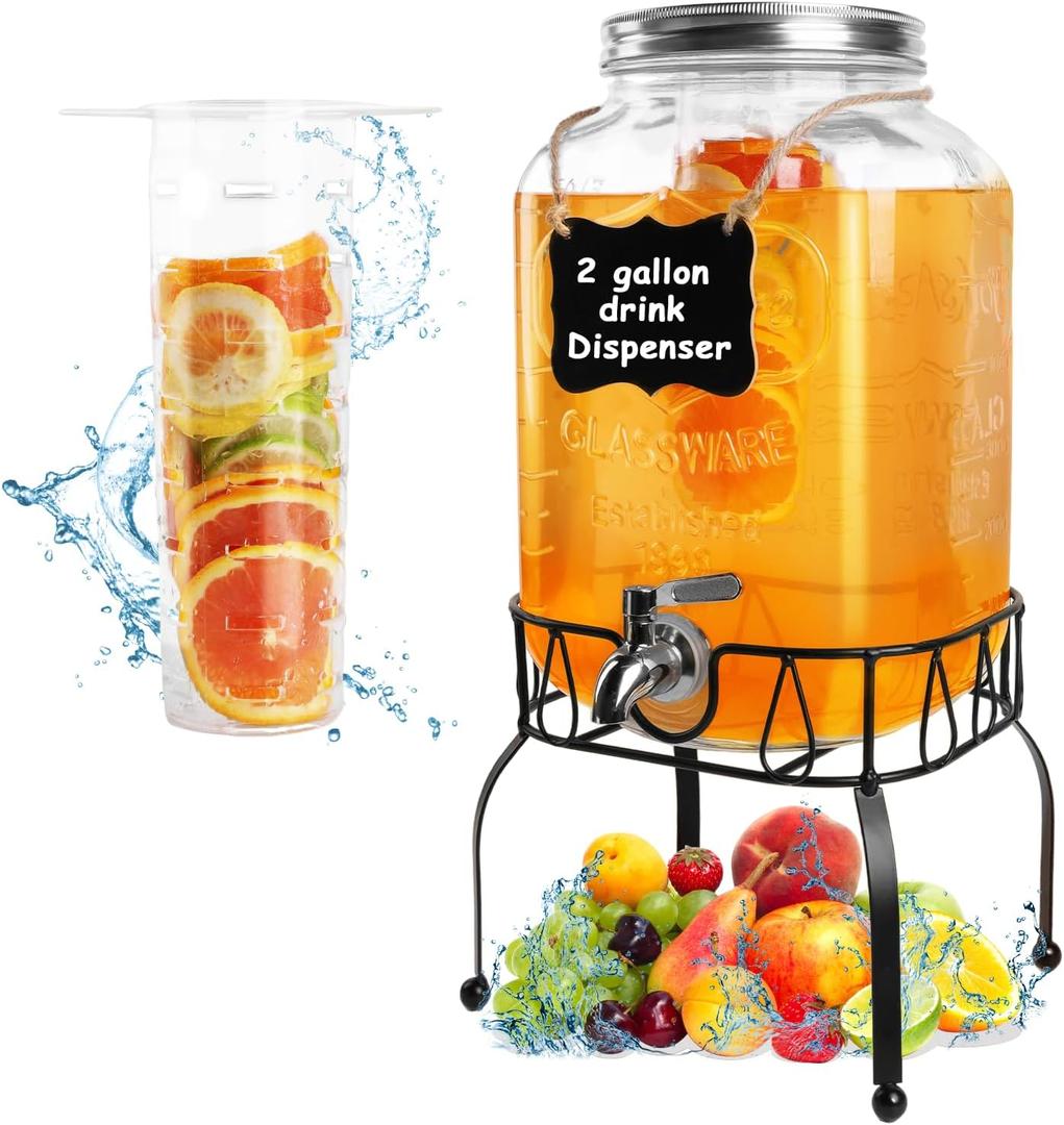 2 Gallon Glass Beverage Dispenser Jars, Ice Juice Dispenser with Stainless Steel Faucet and Metal Stand for Parties & Wedding (1 Pack Jar)