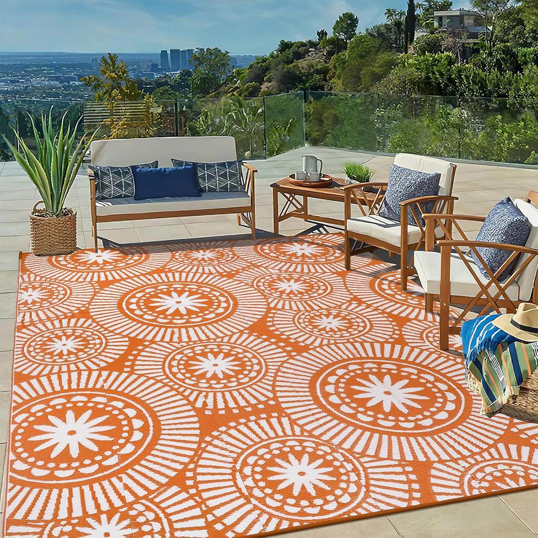 Ileading Large Plastic Outdoor Rug 8x10ft Modern Geometric Style Reversible Patio Area Rugs Waterproof Non Shedding Portable Carpets for Rv Outside Deck Pool Beach Picnic Camping (Orange)