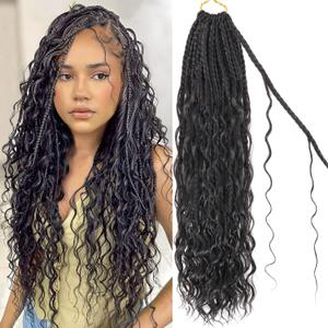 Eeanno Goddess Box Braids Crochet Hair for Black Women 24 Inch 7 Packs Natural Black Boho Hair Pre Looped Crochet Box Braids with Curly Ends, 1B
