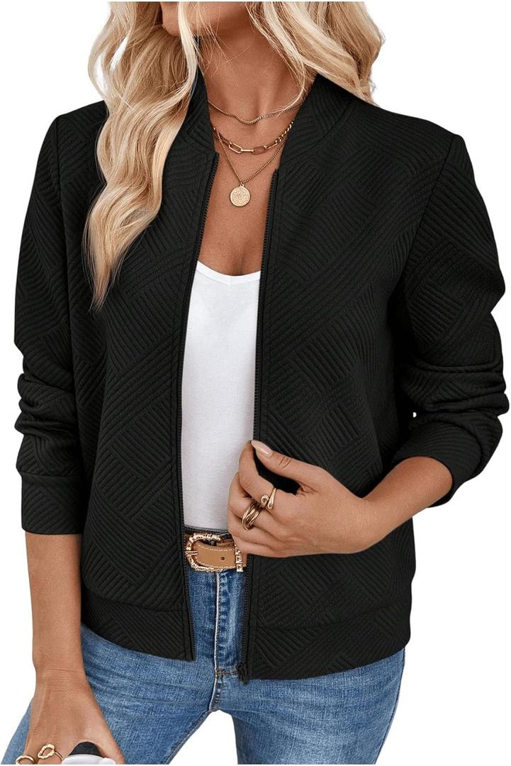 Verdusa Women's Zip Up Textured Lightweight Bomber Jacket Casual Long Sleeve Outerwear (Black)