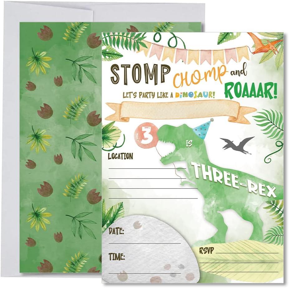 Dinosaur Birthday Invitations for Boy Age 3, Three-Rex Party Decoration and Supplies, 20 Fill-In Invites + Envelopes