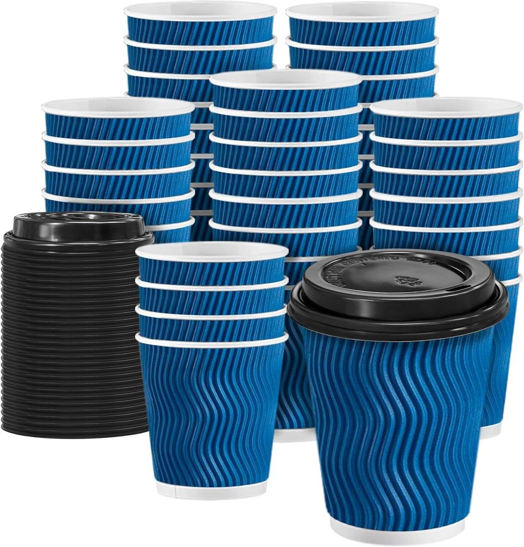 100 Pack Coffee Cups with Lids 8 oz, Disposable Insulated Ripple Wall To Go Paper Coffee Cups for Hot/Cold Drinks Office Home Shop Event (Navy)