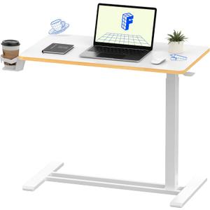 FLEXISPOT H7 Adjustable Overbed Bedside Table with Wheels Pneumatic Mobile Standing Laptop Desk Rolling Computer Cart Movable Overbed Table Hospital Home Use (31.5" W x 17.7" D, White Maple Large)