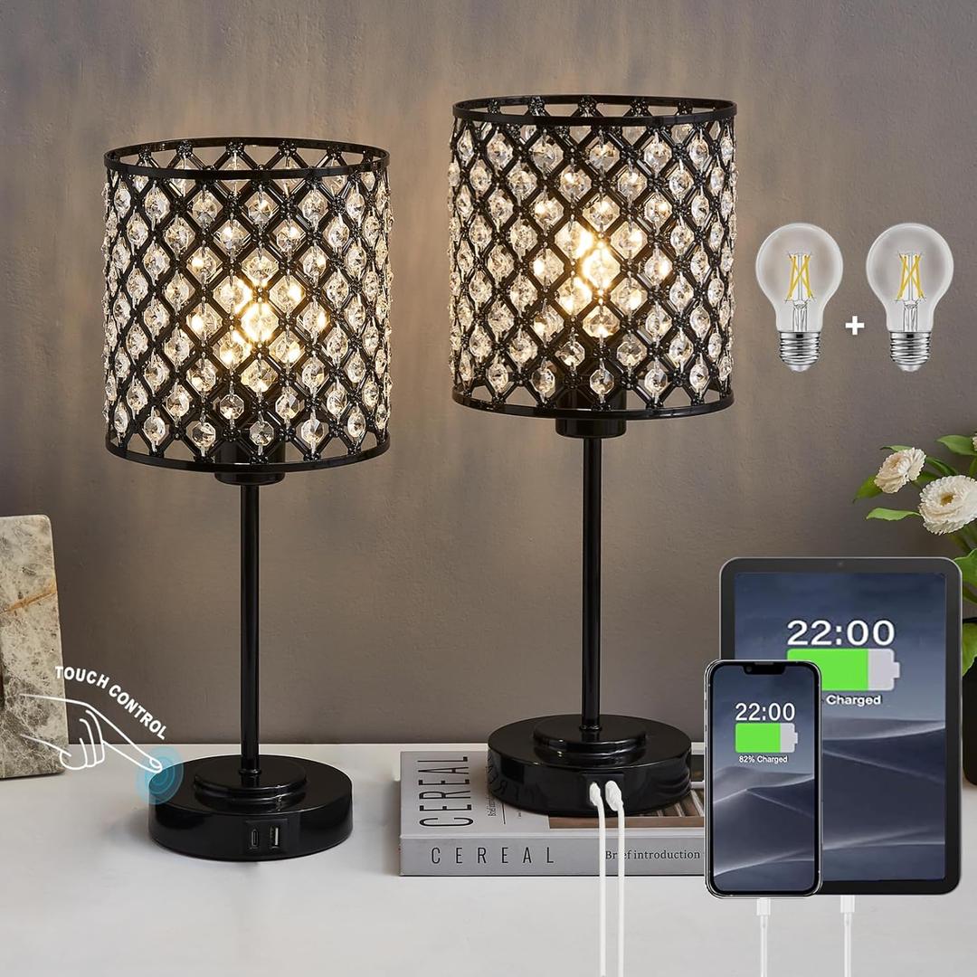 Touch Control Crystal Table Lamp Set of 2, Black Bedside Nightstand Lamps with USB-C+A Charging Ports 3-Way Dimmable Crystal Decorative Desk Lamp for Bedroom Guest Room Living Room, Bulbs Included (17")