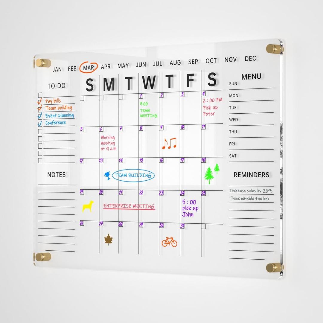 24x16" Acrylic Wall Calendar with Dry Erase Surface, Streamlined Monthly Planner Board, Includes Vibrant Markers, Eraser, Multi-Color Mounting Screws, & Easy Install Kit - Ideal for Home & Office