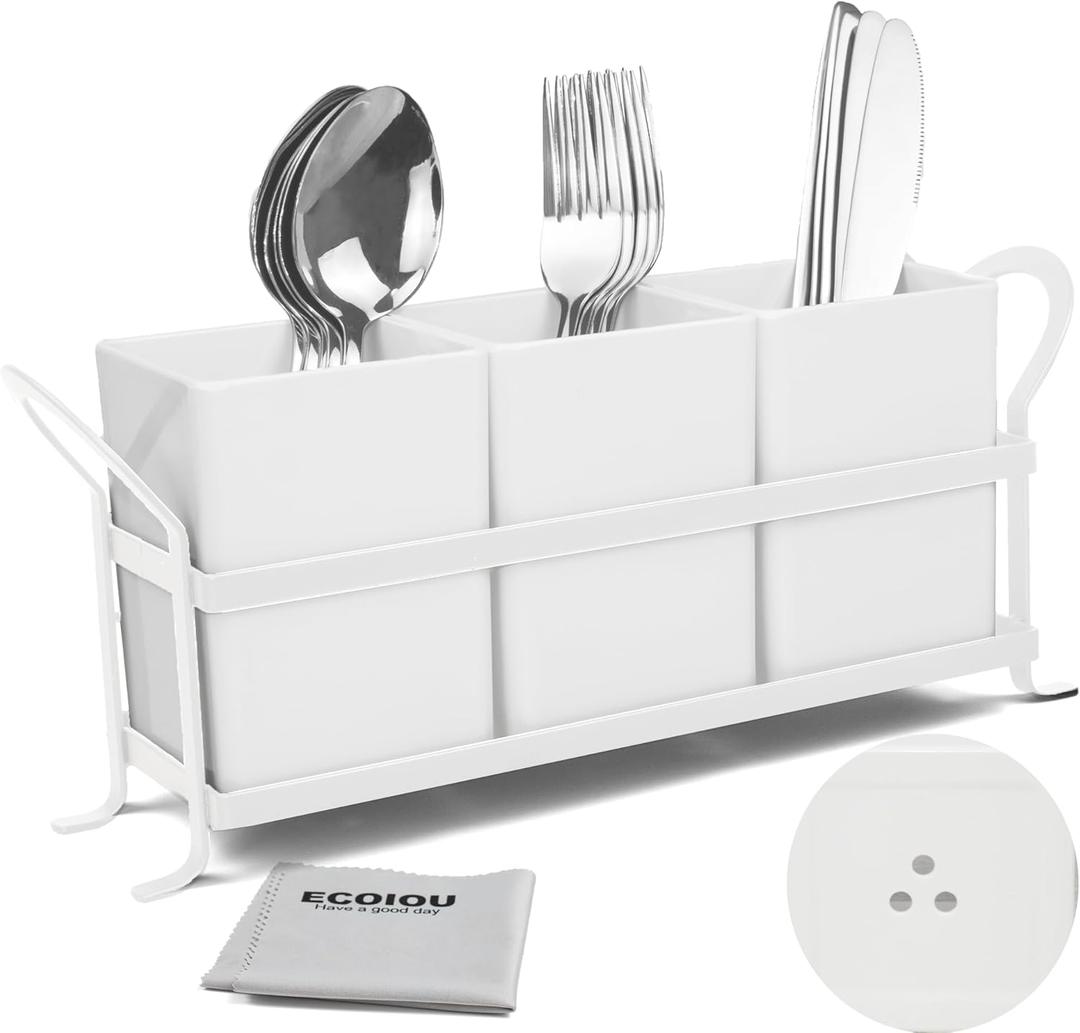 Cutlery Holder with Drain Holes, Silverware Caddy for Party, kitchen counter, 3pcs Bins Set Countertop Utensil Holder for Spoons, Forks and Knives, White