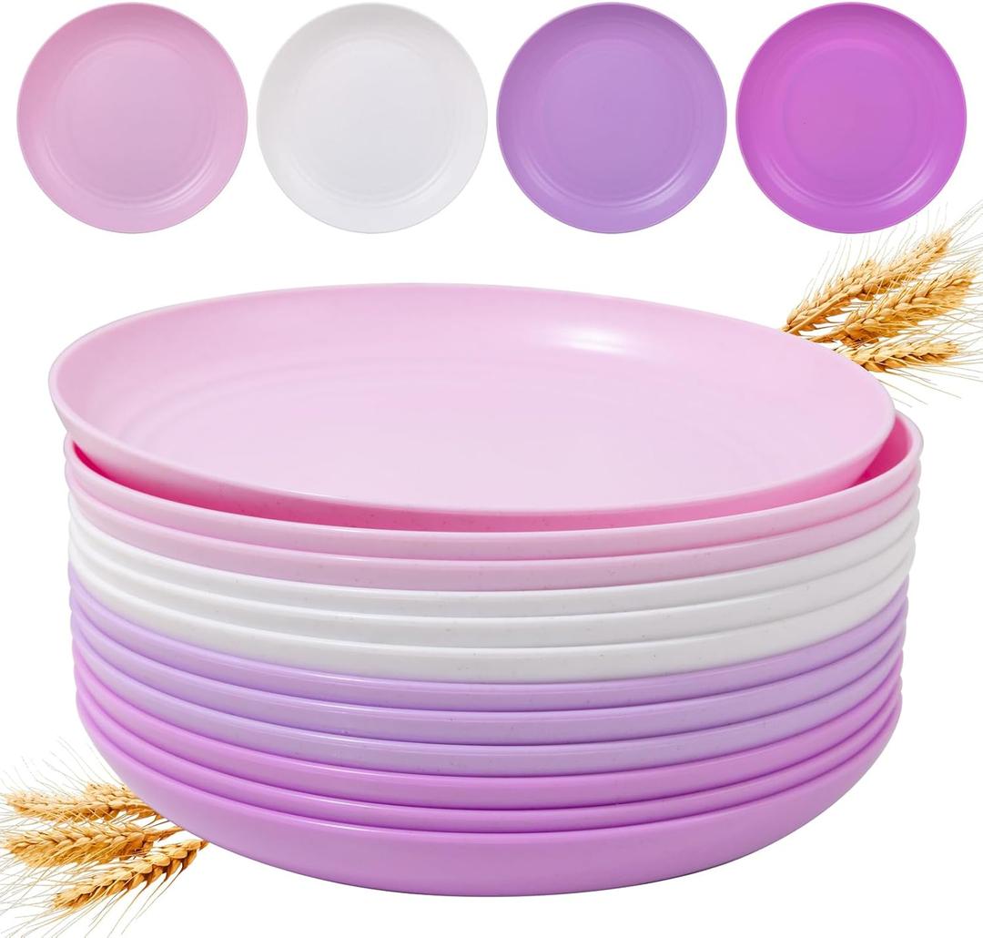LIYH 12 Pcs Wheat Straw Plates - Dinner Plates Reusable 10in Unbreakable Lightweight and Durable Plastic Camping Plates, Dishwasher Safe (Mix White and Purple Color)