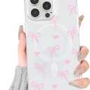 Magnetic Case for iPhone 15 Pro, 3D Pink Magnetic Stand Bowknot Phone Case, Cute Pink Clear Bow Aesthetic Design Soft Durable TPU Transparent Protective Cover for Women Girls-04