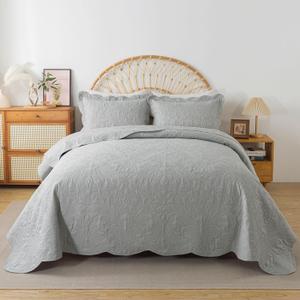HoneiLife Quilt Set Queen Size - 3 Pieces Queen Quilt Bedding Set Microfiber Quilt Sets Lightweight Bedspreads Reversible Coverlets Retro Bed Cover Floral Bedding Set All Season Quilts-Light Grey (Queen/Full-90"x96")
