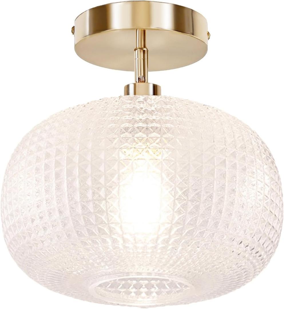 Gold Semi Flush Mount Ceiling Light Fixture,Vintage Globe Glass Ceiling Light Fixture,Hanging Ceiling Lamp for Bathroom Bedroom Hallway Kitchen